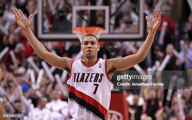 Brandon Roy of the Portland Trail Blazers reacts to a shot against the Phoenix Suns on October 26, 2010 at the Rose Garden in Portland, Oregon. NOTE...