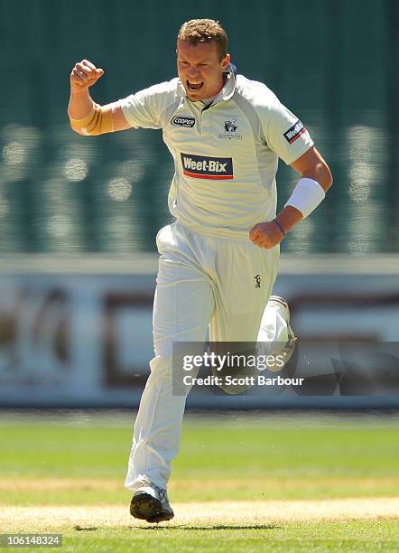 Peter Siddle of the Bushrangers celebrates after dismissing Steven Cazzulino of the Tigers during day three of the Sheffield Shield match between the...