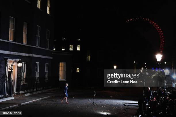 British Prime minister, Theresa May walks out of Number 10 to deliver her Brexit statement at Downing Street on November 14, 2018 in London, England....