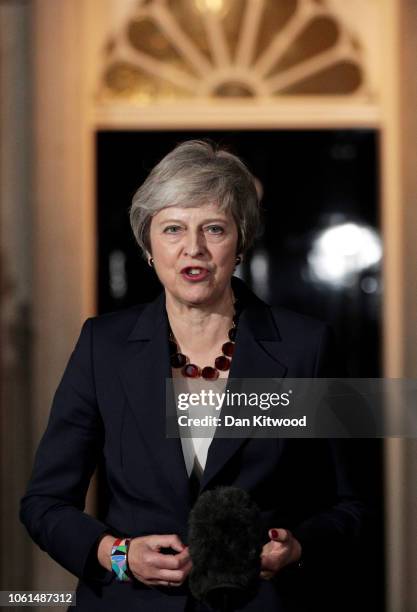 British Prime minister, Theresa May delivers a Brexit statement at Downing Street on November 14, 2018 in London, England. Theresa May addresses the...