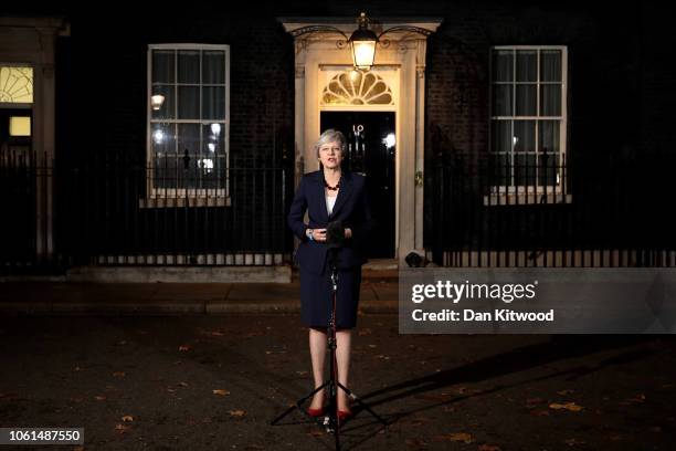 British Prime minister, Theresa May delivers a Brexit statement at Downing Street on November 14, 2018 in London, England. Theresa May addresses the...