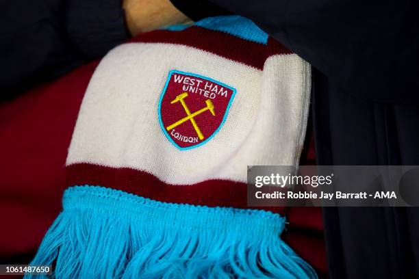 West Ham United scarf during the Premier League match between Huddersfield Town and West Ham United at John Smith's Stadium on November 10, 2018 in...