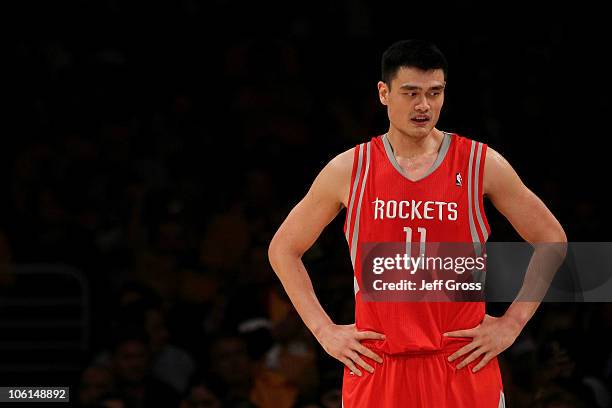 Yao Ming of the Houston Rockets looks on during their opening night game against the Los Angeles Lakers at Staples Center on October 26, 2010 in Los...