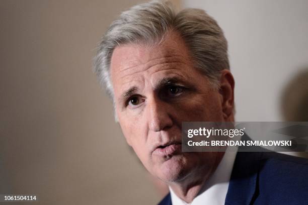 Representative Kevin McCarthy, incoming minority leader, speaks to reporters after Republican members of the House of Representatives met to elect...