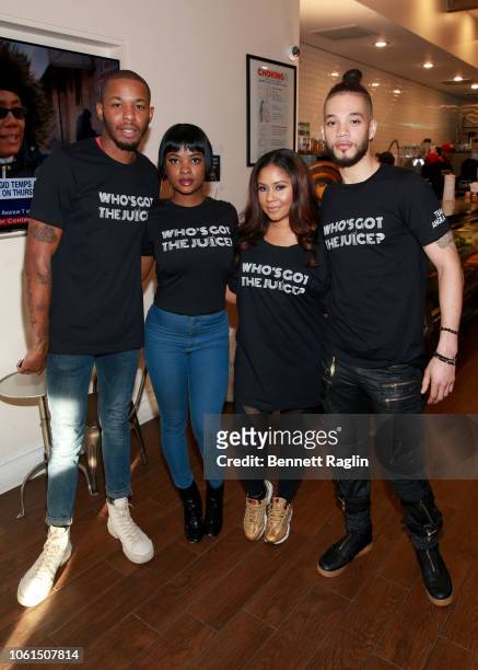 Danielle Rosias, Angela Yee, and Marco Maldonado attend Who's Got the Juice - Hustle In Brooklyn on November 14, 2018 in the Brooklyn borough of New...