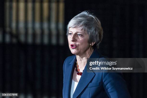 British Prime Minister Theresa May gives a statement to the media outside 10 Downing Street following emergency Cabinet meeting on Brexit during...