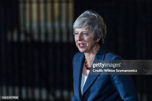 British Prime Minister Theresa May gives a statement to the media outside 10 Downing Street following emergency Cabinet meeting on Brexit during...