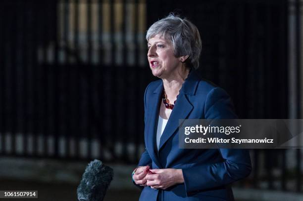 British Prime Minister Theresa May gives a statement to the media outside 10 Downing Street following emergency Cabinet meeting on Brexit during...