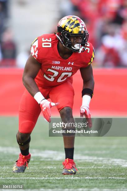 Durell Nchami of the Maryland Terrapins in position during a college football game against the Illinois Fighting Illini at Capitol One Field at...