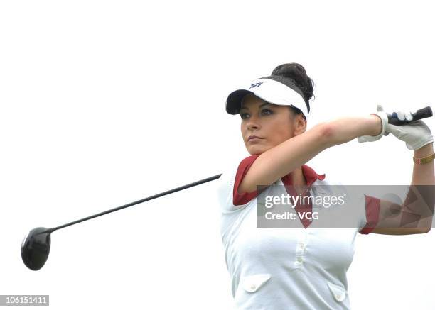 American actress Catherine Zeta-Jones takes a shot during a training session before the 2010 Mission Hills Star Trophy at Mission Hills golf course...
