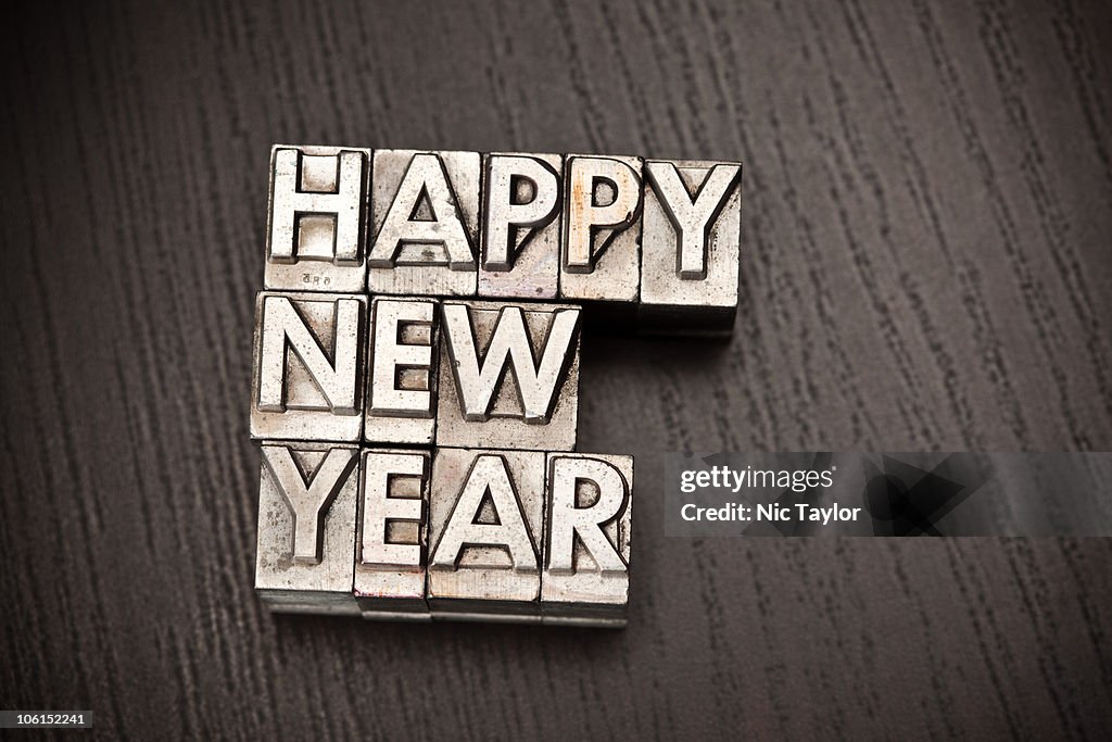 Vintage Metal Type Happy New Year - Macro