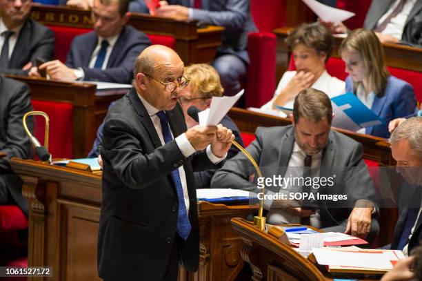 Secretary of Europe and the Foreign Affairs Jean Yves Le Drian seen speaking during a session of questions to the government at the National Assembly.