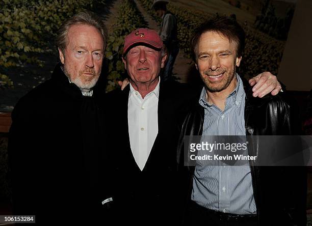 Directors Ridley Scott, Tony Scott and producer Jerry Bruckheimer pose at the after party for the premiere of Twentieth Century Fox's "Unstoppable"...