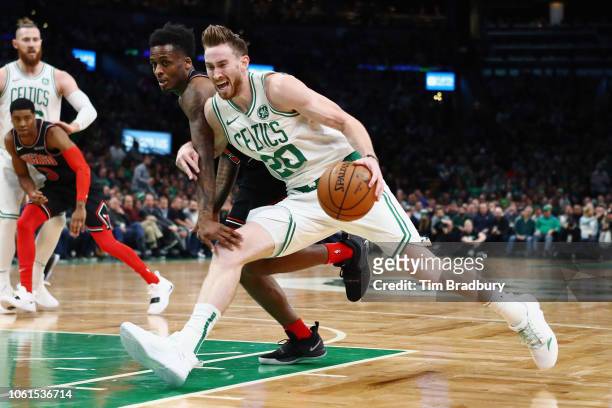 Gordon Hayward of the Boston Celtics drives to the basket against Antonio Blakeney of the Chicago Bulls during the first half at TD Garden on...
