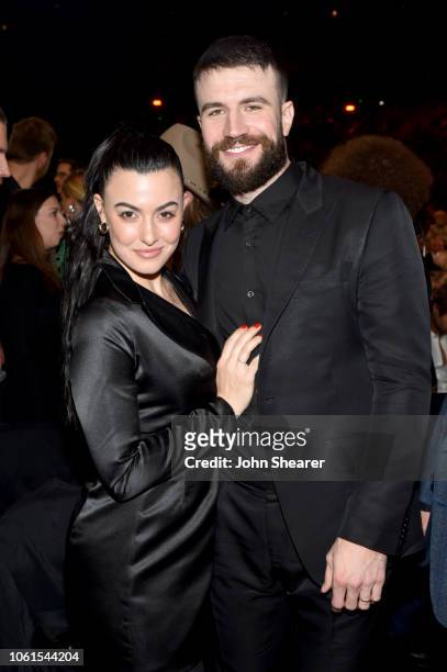 Hannah Lee Fowler and singer-songwriter Sam Hunt attend the 52nd annual CMA Awards at the Bridgestone Arena on November 14, 2018 in Nashville,...