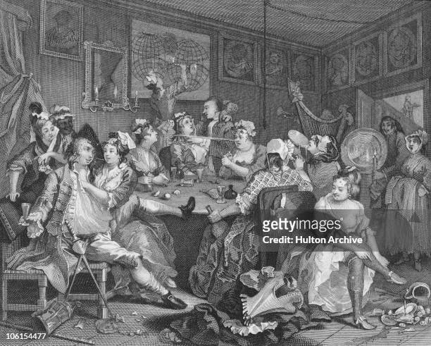 The Tavern Scene from Plate 3 of 'The Rake's Progress', a series of paintings by William Hogarth, circa 1735. The dissolute Tom Rakewell enjoys...