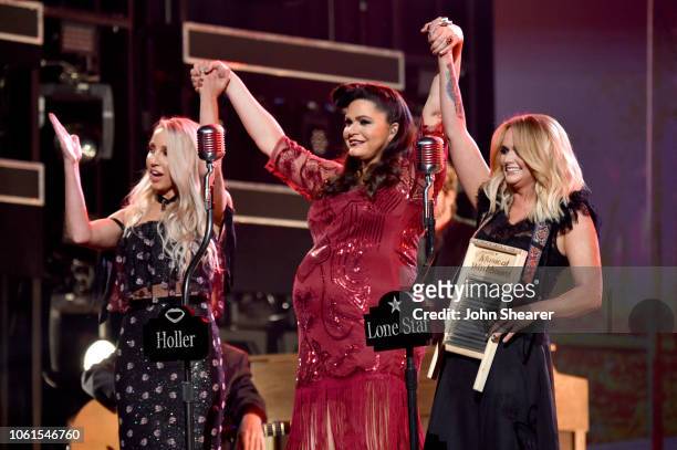 Ashley Monroe, Angaleena Presley, and Miranda Lambert of the Pistol Annies perform during the 52nd annual CMA Awards at the Bridgestone Arena on...