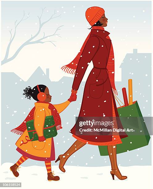mother and daughter with gift and shopping bag on snowy day - イヤープロテクター点のイラスト素材／クリップアート素材／マンガ素材／アイコン素材