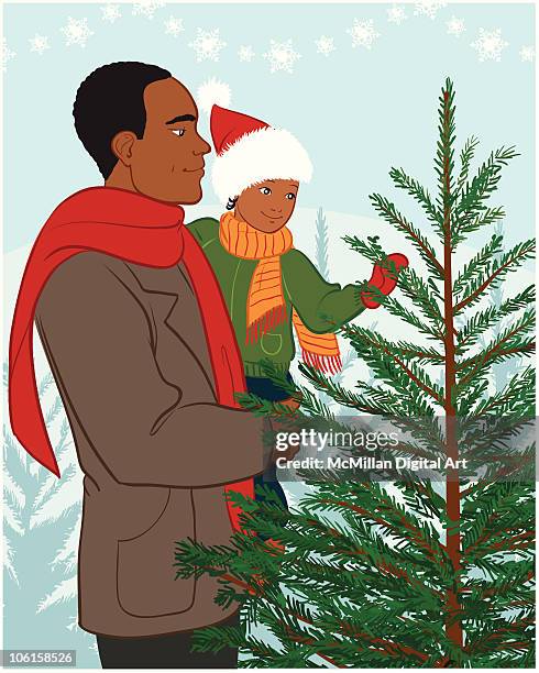 father and child choosing christmas tree - choosing between two stock illustrations