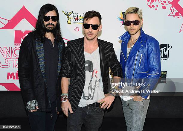 Members of the band 30 Seconds to Mars Tomo Milicevic, Shannon Leto and Jared Leto attend the 2010 MTV World Stages press conference at the W Mexico...