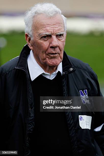 Ara Parseghian watches from the sidelines as the Michigan State Spartans take on the Northwestern Wildcats at Ryan Field on October 23, 2010 in...