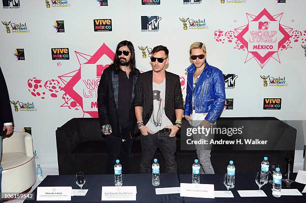 Members of the band 30 Seconds to Mars Tomo Milicevic, Shannon Leto and Jared Leto attend the 2010 MTV World Stages press conference at the W Mexico...