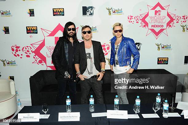 Members of the band 30 Seconds to Mars Tomo Milicevic, Shannon Leto and Jared Leto attend the 2010 MTV World Stages press conference at the W Mexico...
