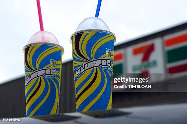 An illustration of Two, 7-Eleven Slurpees on October 27, 2010 in Washington, DC. Global convenience store chain 7-Eleven has been getting some free...