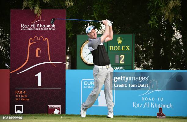 Steven Tiley of England tees off from the first hole during Day One of the Ras Al Khaimah Challenge Tour Grand Final at Al Hamra Golf Club on October...