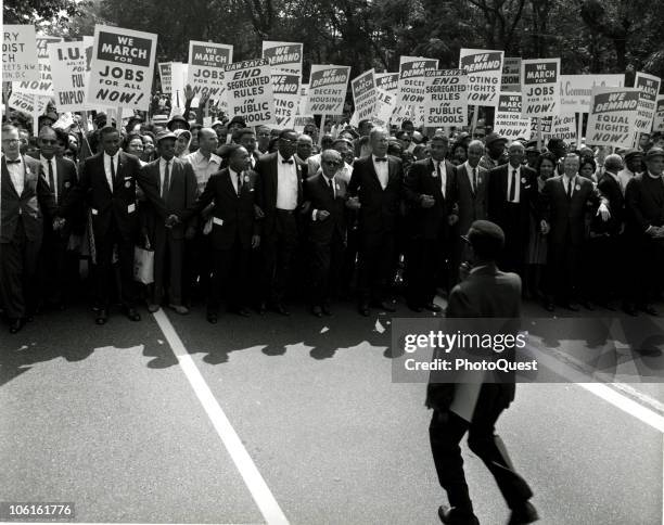 Civil Rights leaders holds hands as they march along the National Mall during the March on Washington for Jobs and Freedom, Washington DC, August 28,...