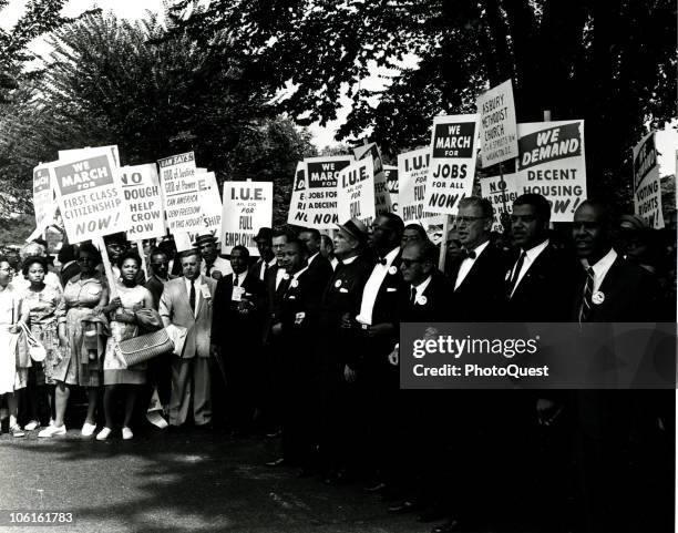Civil Rights leaders holds hands as they march along the National Mall during the March on Washington for Jobs and Freedom, Washington DC, August 28,...