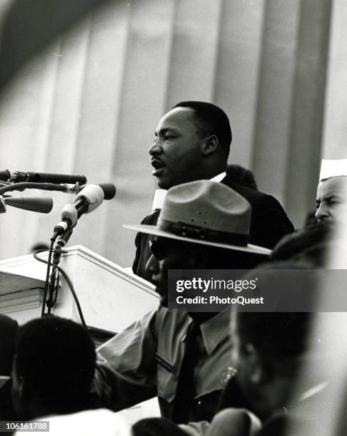 American Civil Rights leader Dr. Martin Luther King Jr. Delivers his iconic 'I Have a Dream' speech from the steps of the Lincoln Memorial during the...