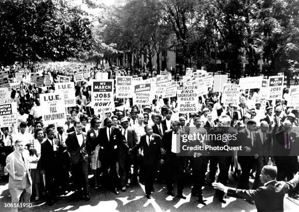 Civil Rights leaders holds hands as they march along the National Mall during the March on Washington for Jobs and Freedom, Washington DC, August 28,...