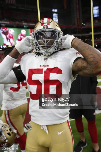 Reuben Foster of the San Francisco 49ers stands on the field prior to the game against the Arizona Cardinals at State Farm Stadium on October 28,...