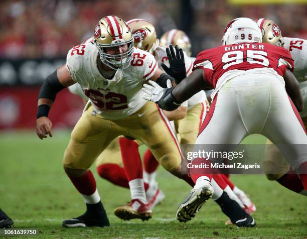 Erik Magnuson of the San Francisco 49ers blocks during the game against the Arizona Cardinals at State Farm Stadium on October 28, 2018 in Glendale,...