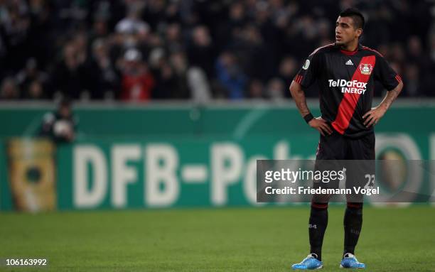 Arturo Vidal of Leverkusen looks on during the DFB Cup match between Borussia M'gladbach and Bayer Leverkusen at Borussia Park on October 27, 2010 in...
