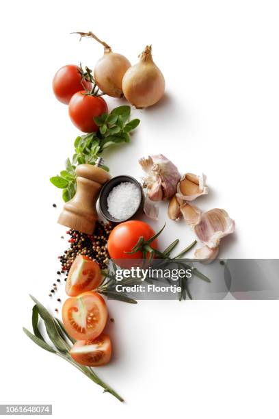 ingredients: tomatoes, onions, garlic, oregano, rosemary, salt and pepper isolated on white background - ingredient stock pictures, royalty-free photos & images