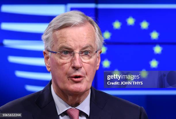 Brexit chief negociator Michel Barnier speaks as he delivers a press conference at the European Council in Brussels on November 15, 2018. - EU...