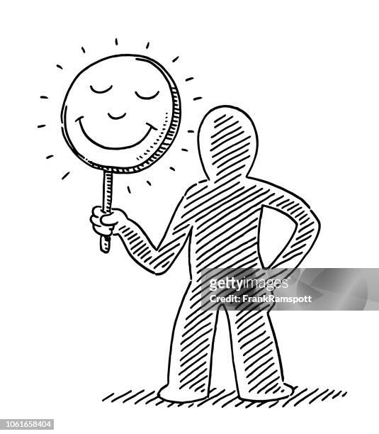 customer satisfaction concept human figure holding smile sign drawing - happy customer stock illustrations