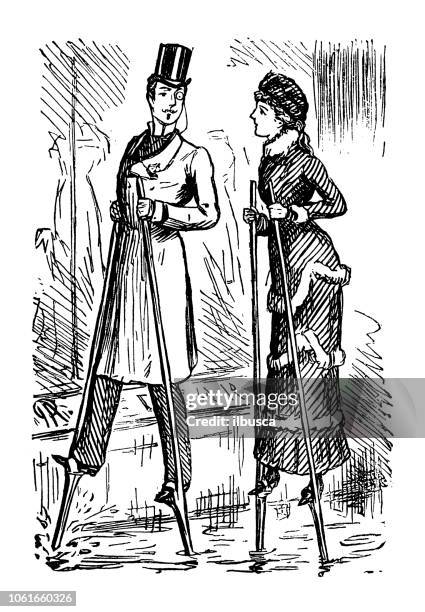 british london satire caricatures comics cartoon illustrations: couple on stilts - stilt stock illustrations