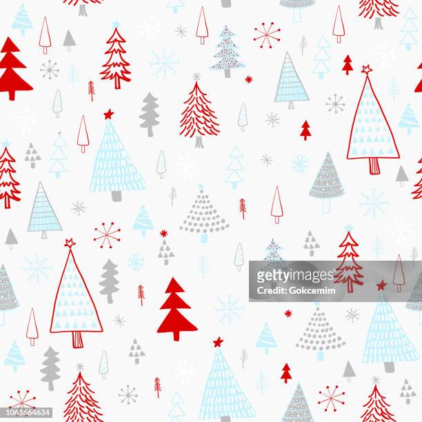 bildbanksillustrationer, clip art samt tecknat material och ikoner med handritad jullov/träd mönster. blå, grå, röd julgranar, sömlösa mönster. forest bakgrund. barnslig textur för tyg, textil. - nordisk natur