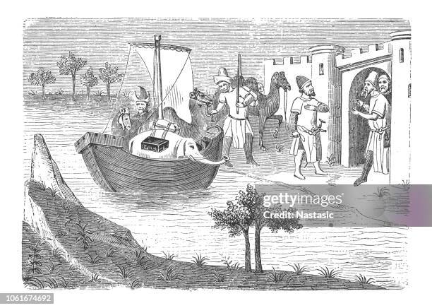 marco polo and his brother return via ormuz in a boat - they bring with them an elephant - elephant polo stock illustrations
