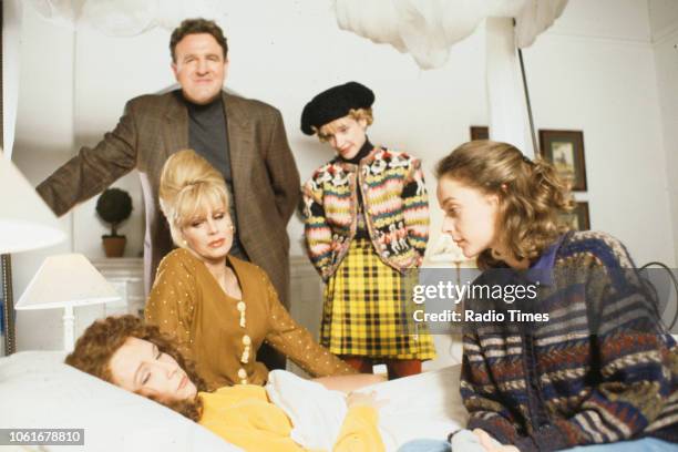 Actors Jennifer Saunders, Joanna Lumley, Christopher Malcolm, Jane Horrocks and Julia Sawalha in a scene from the BBC television sitcom 'Absolutely...