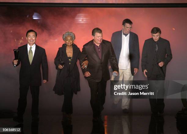 Actors George Takei, Nichelle Nichols, William Shatner, Leonard Nimoy and Walter Koenig accept the Discretionary Award for the 25th Anniversary...