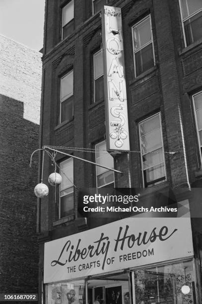 Liberty House on Bleecker Street in Greenwich Village, New York City, circa 1968. Advertising 'The Crafts of Freedom', it sells handmade articles...