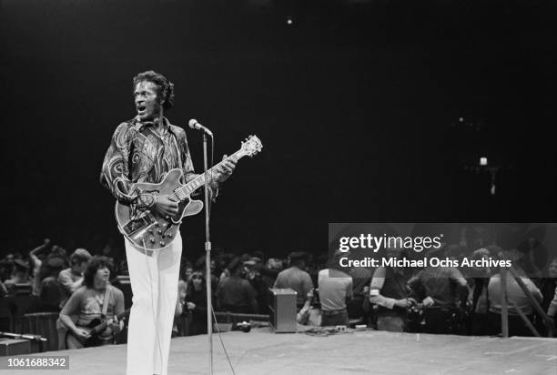 American singer and musician Chuck Berry performs at Madison Square Garden in New York City, 15th October 1971.