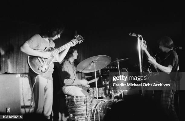 American rock band The Grateful Dead in concert, circa 1970. From left to right, lead singer Jerry Garcia, drummer Bill Kreutzmann and bassist Phil...