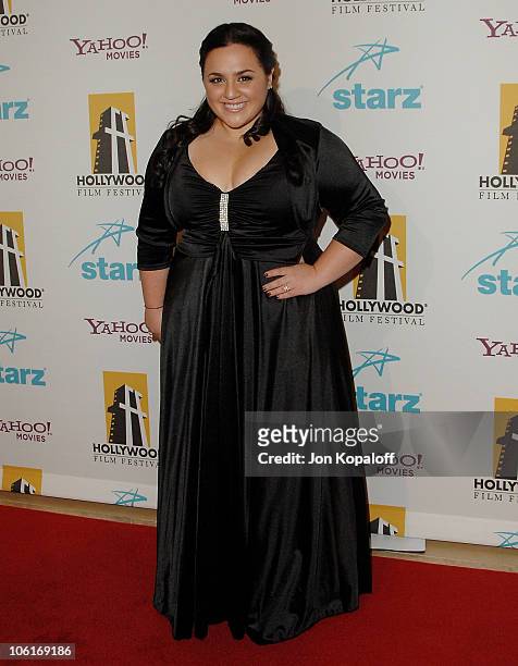 Actress Nikki Blonsky arrives at the Hollywood Film Festival's Hollywood Awards at the Beverly Hilton Hotel on October 22, 2007 in Beverly Hills,...