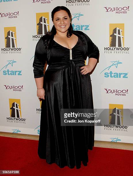 Actress Nikki Blonsky arrives at the Hollywood Film Festival's Hollywood Awards at the Beverly Hilton Hotel on October 22, 2007 in Beverly Hills,...