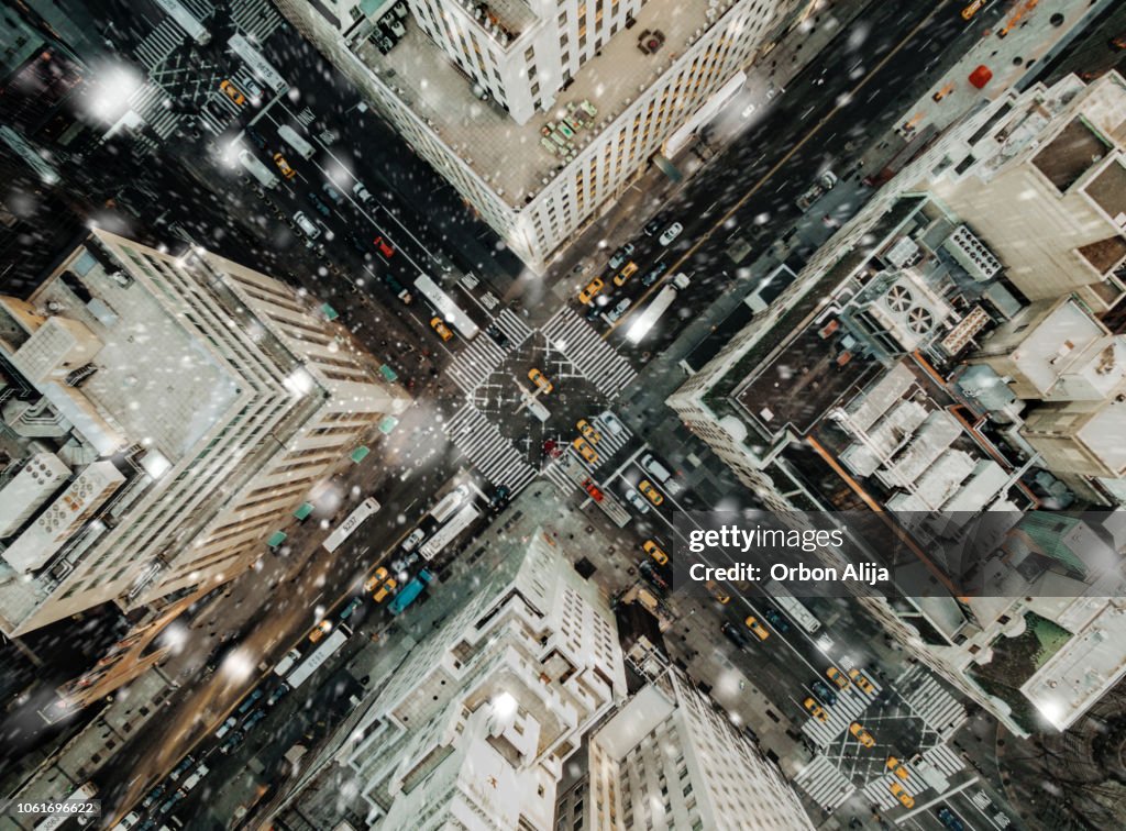 Aerial view of fifth avenue snowing